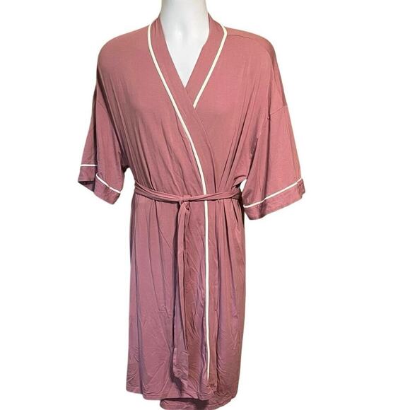 Women's Mauve Pink Bamboo Stretch-Knit Belted Kimono Robe Size 2XL Lounge Luxury - Picture 1 of 4